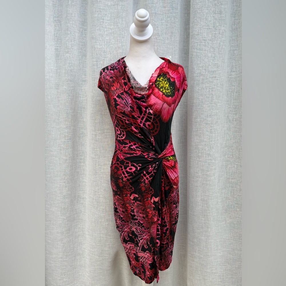 Desigual black, red, pink abstract floral wrap top sheath dress